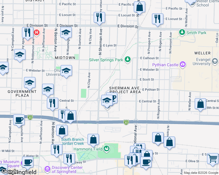 map of restaurants, bars, coffee shops, grocery stores, and more near 1021 East Scott Street in Springfield