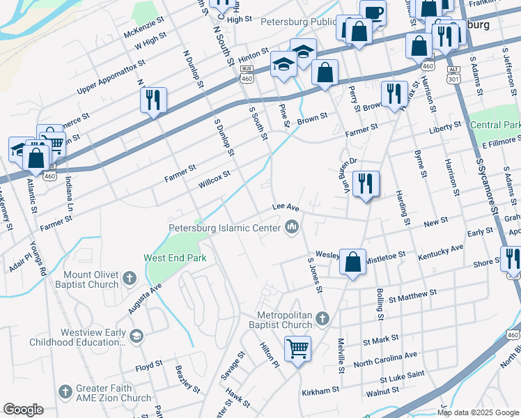 map of restaurants, bars, coffee shops, grocery stores, and more near 829 Lee Avenue in Petersburg