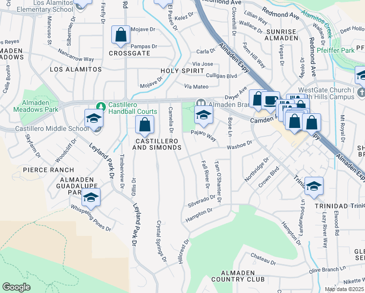 map of restaurants, bars, coffee shops, grocery stores, and more near 6485 Little Falls Drive in San Jose