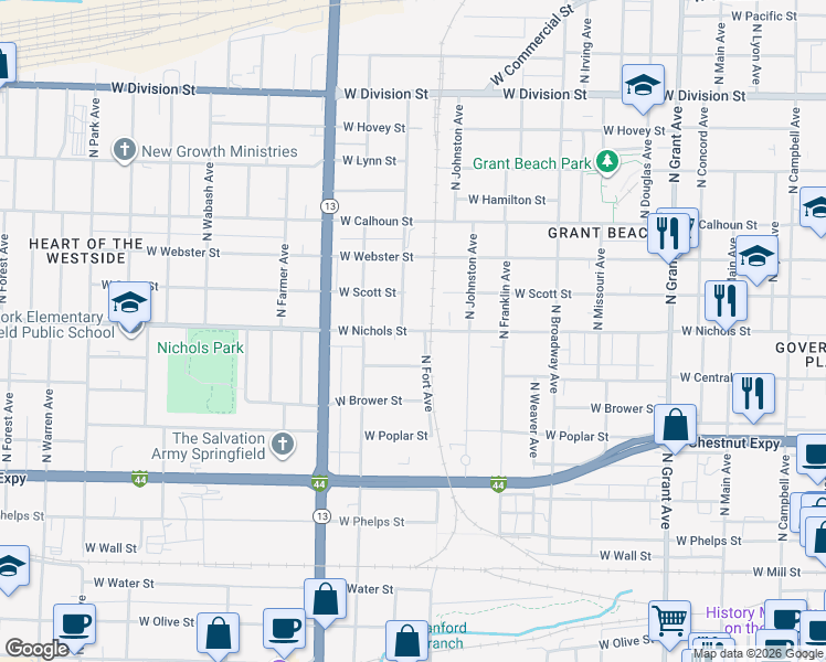 map of restaurants, bars, coffee shops, grocery stores, and more near 1021 North Newton Avenue in Springfield