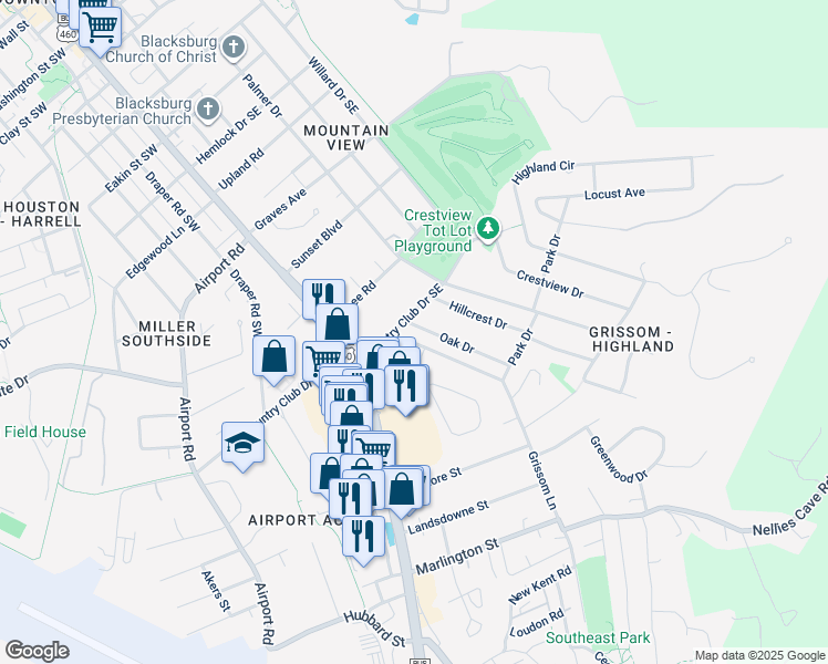 map of restaurants, bars, coffee shops, grocery stores, and more near 1300 Oak Drive in Blacksburg