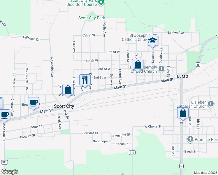 map of restaurants, bars, coffee shops, grocery stores, and more near 804 Main Street in Scott City