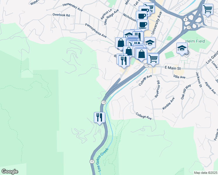 map of restaurants, bars, coffee shops, grocery stores, and more near 130 Wood Road in Los Gatos