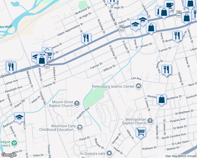 map of restaurants, bars, coffee shops, grocery stores, and more near 1123 Willcox Street in Petersburg