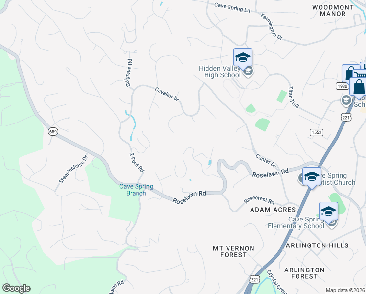 map of restaurants, bars, coffee shops, grocery stores, and more near 5459 Lakedale Road Southwest in Cave Spring