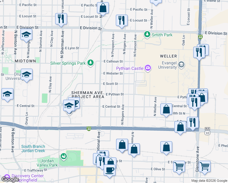 map of restaurants, bars, coffee shops, grocery stores, and more near 1006 North Prospect Avenue in Springfield