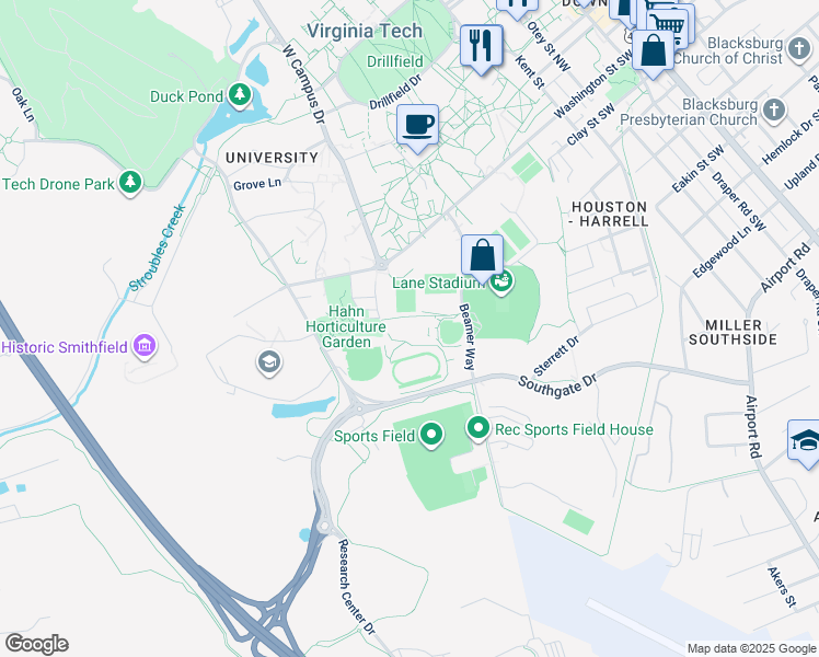map of restaurants, bars, coffee shops, grocery stores, and more near 230 Beamer Way in Blacksburg