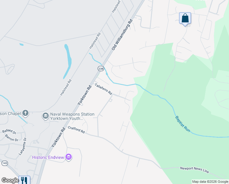 map of restaurants, bars, coffee shops, grocery stores, and more near 610 Taliaferro Road in Yorktown