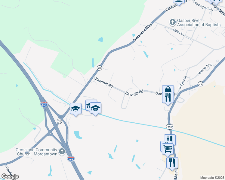 map of restaurants, bars, coffee shops, grocery stores, and more near 256-298 Sawmill Road in Morgantown