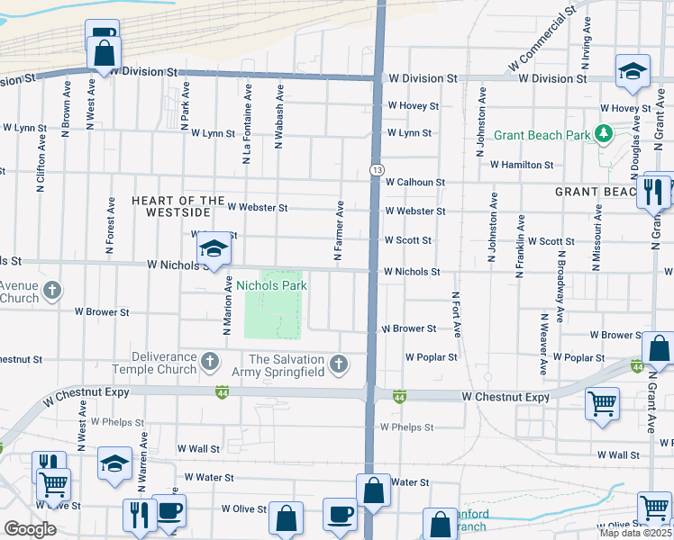 map of restaurants, bars, coffee shops, grocery stores, and more near 1000 North Farmer Avenue in Springfield