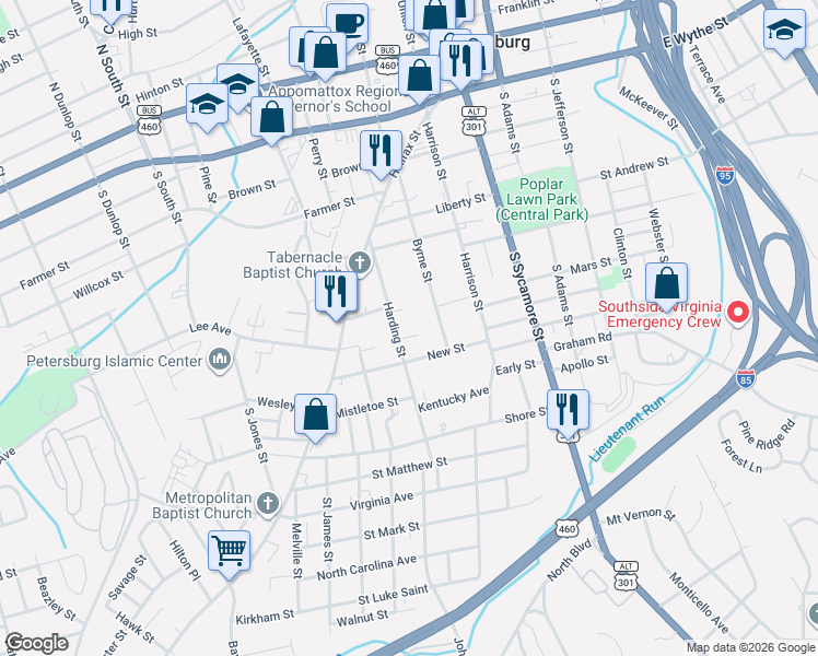 map of restaurants, bars, coffee shops, grocery stores, and more near in Petersburg