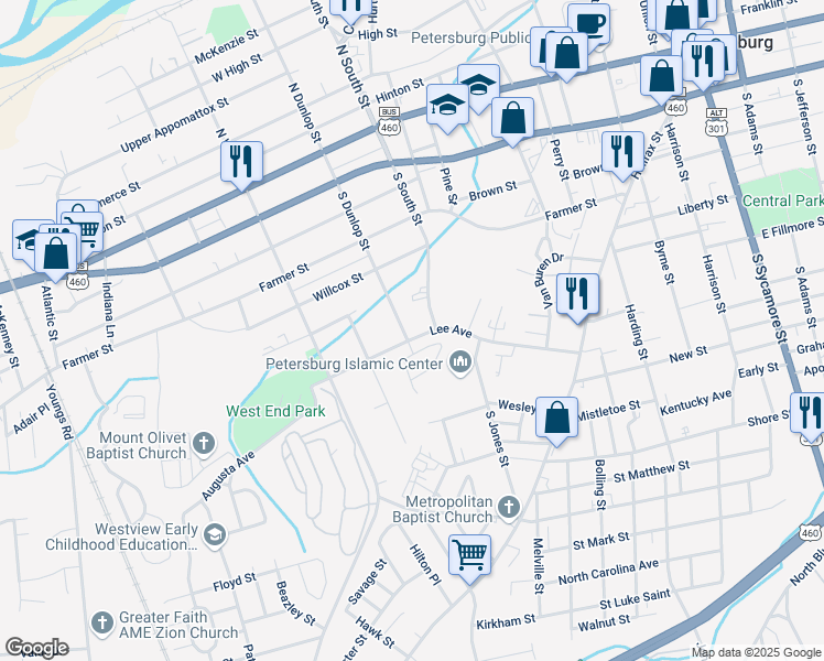 map of restaurants, bars, coffee shops, grocery stores, and more near 517 South Dunlop Street in Petersburg
