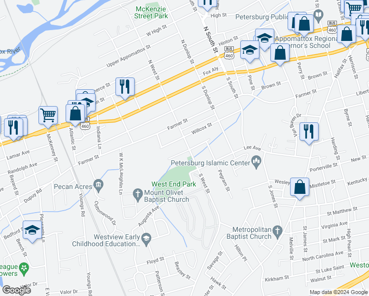 map of restaurants, bars, coffee shops, grocery stores, and more near 1022 Willcox Street in Petersburg