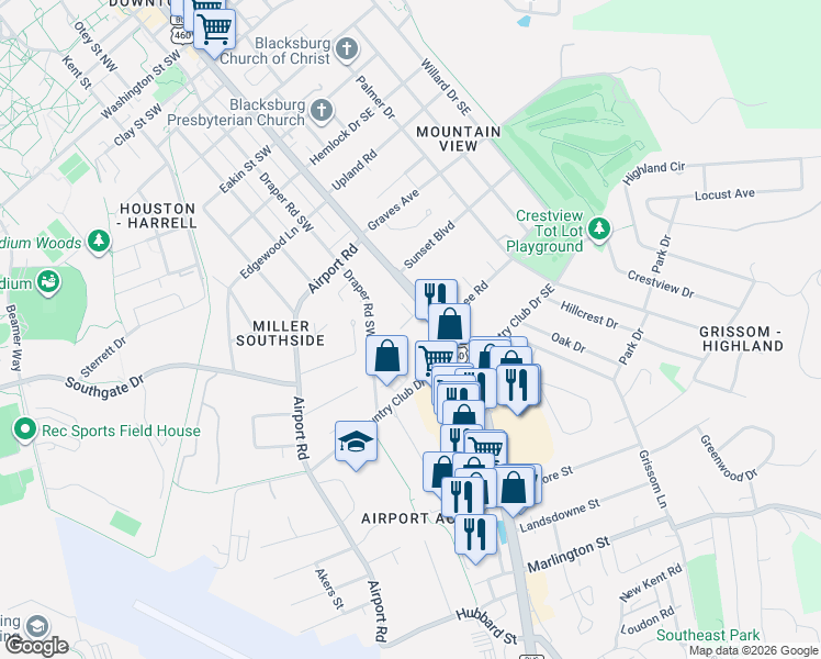 map of restaurants, bars, coffee shops, grocery stores, and more near 107 Faystone Drive in Blacksburg