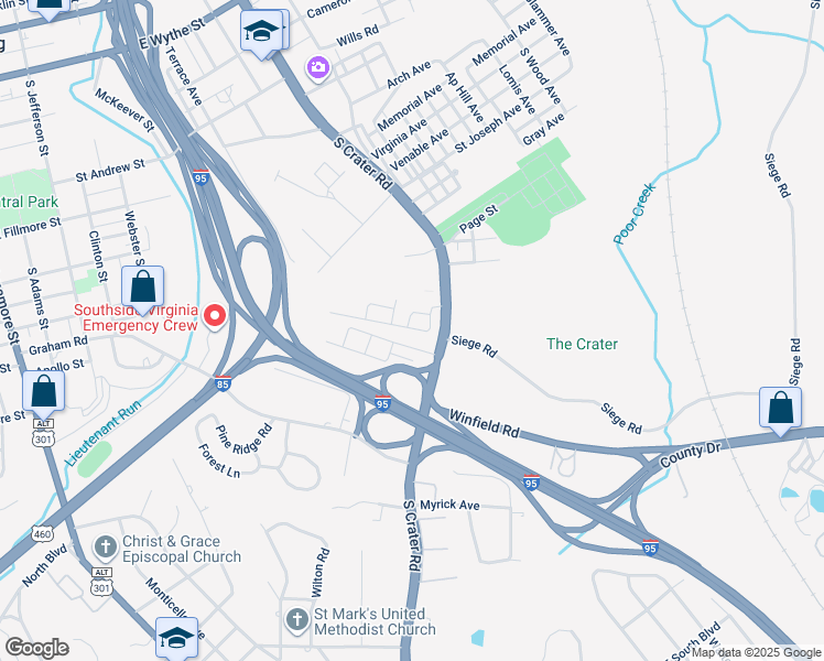 map of restaurants, bars, coffee shops, grocery stores, and more near 614 Greensville Avenue in Petersburg