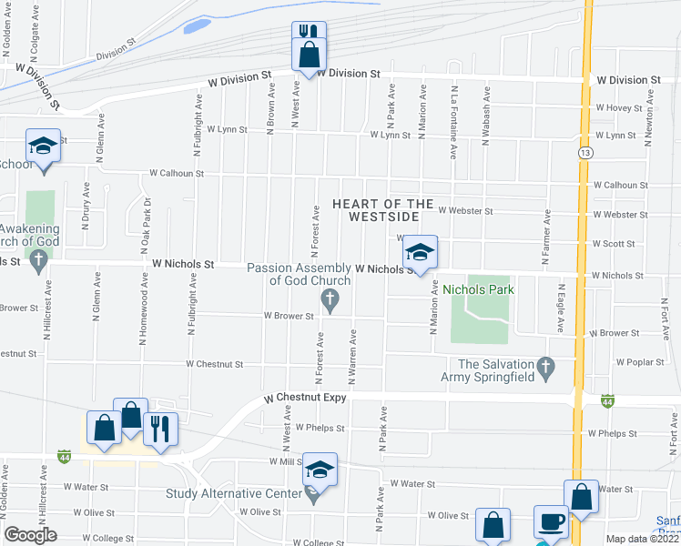 map of restaurants, bars, coffee shops, grocery stores, and more near 2316 West Nichols Street in Springfield