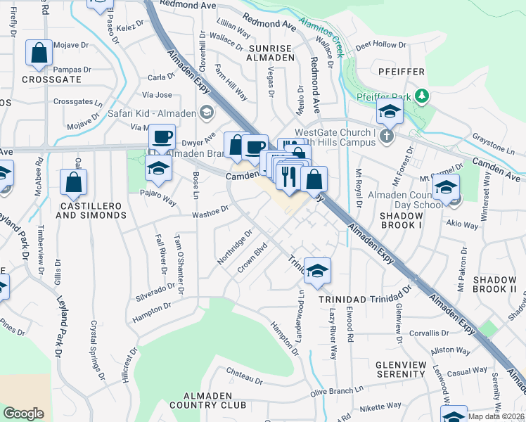 map of restaurants, bars, coffee shops, grocery stores, and more near 1078 Trevino Terrace in San Jose