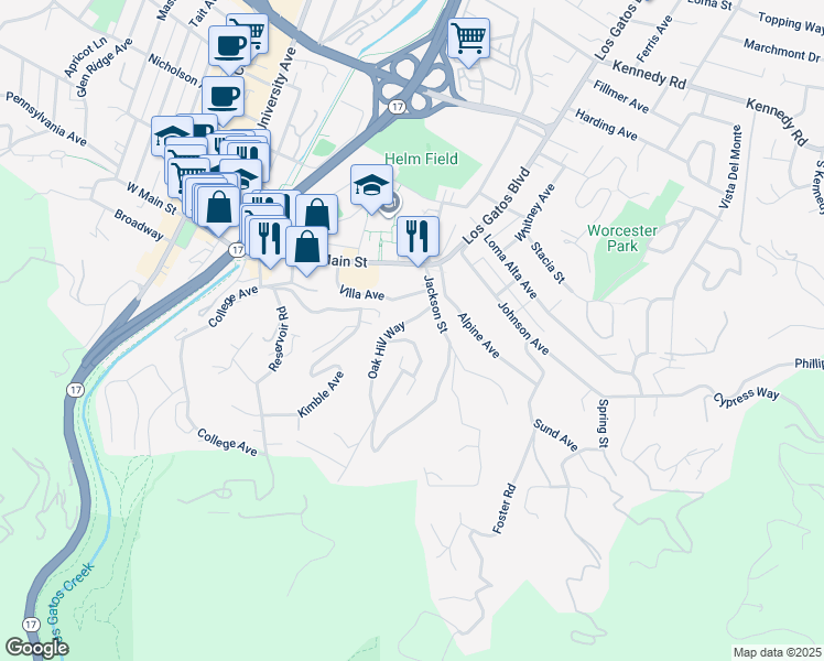 map of restaurants, bars, coffee shops, grocery stores, and more near 25 Grove Street in Los Gatos