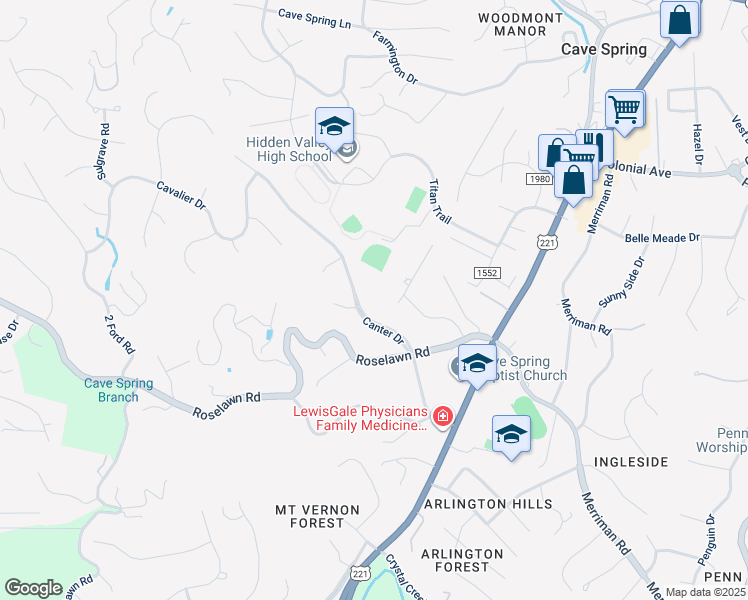 map of restaurants, bars, coffee shops, grocery stores, and more near 5203 Canter Drive in Cave Spring