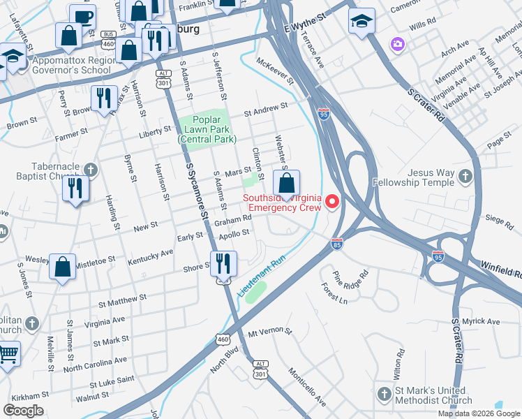 map of restaurants, bars, coffee shops, grocery stores, and more near 214 Mercury Street in Petersburg