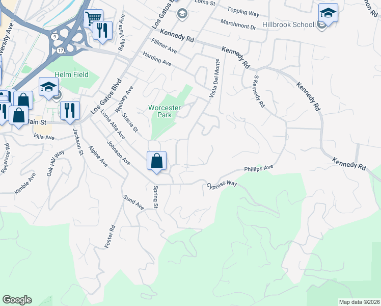 map of restaurants, bars, coffee shops, grocery stores, and more near 245 Vista Del Monte in Los Gatos
