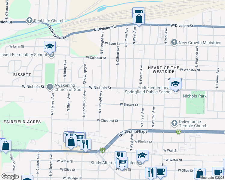 map of restaurants, bars, coffee shops, grocery stores, and more near 2555 West Nichols Street in Springfield