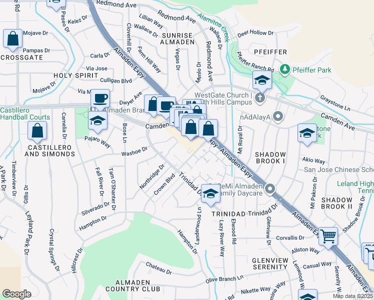 map of restaurants, bars, coffee shops, grocery stores, and more near 6477 Almaden Road in San Jose