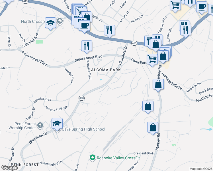 map of restaurants, bars, coffee shops, grocery stores, and more near 3425 Laurel Circle in Cave Spring