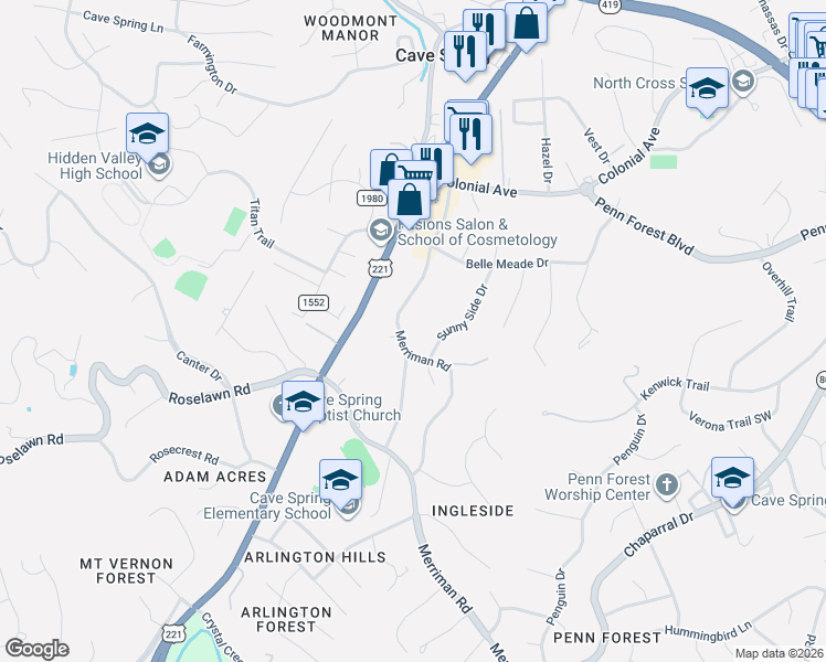 map of restaurants, bars, coffee shops, grocery stores, and more near 5015 Merriman Road in Cave Spring