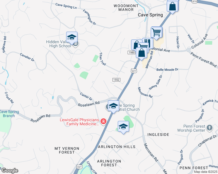 map of restaurants, bars, coffee shops, grocery stores, and more near 5033 Williamsburg Court in Cave Spring