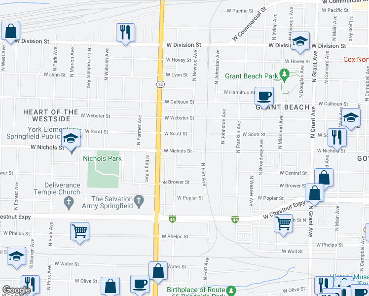 map of restaurants, bars, coffee shops, grocery stores, and more near 1415 West Nichols Street in Springfield