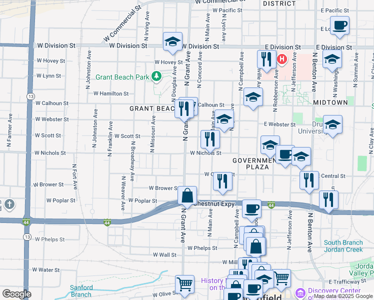 map of restaurants, bars, coffee shops, grocery stores, and more near 659 West Nichols Street in Springfield