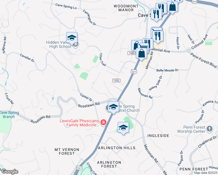 map of restaurants, bars, coffee shops, grocery stores, and more near 5033 Williamsburg Court in Cave Spring