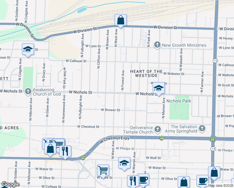 map of restaurants, bars, coffee shops, grocery stores, and more near 2515 West Nichols Street in Springfield