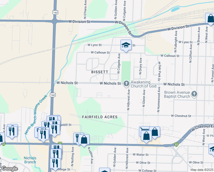 map of restaurants, bars, coffee shops, grocery stores, and more near 3130 West Nichols Street in Springfield