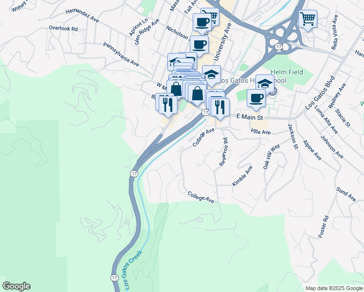 map of restaurants, bars, coffee shops, grocery stores, and more near 120 College Terrace in Los Gatos