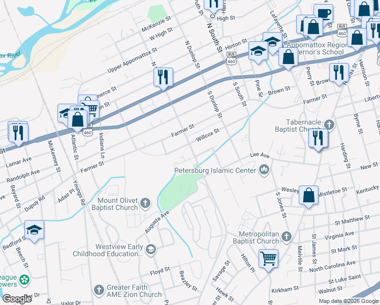 map of restaurants, bars, coffee shops, grocery stores, and more near 1022 Willcox Street in Petersburg