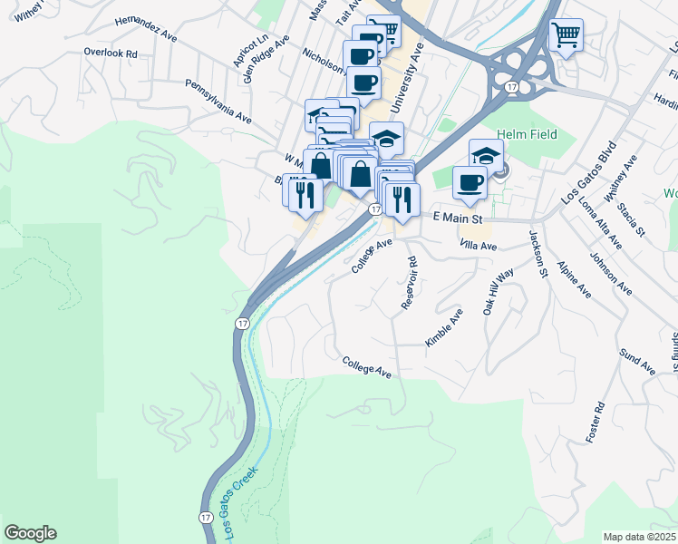 map of restaurants, bars, coffee shops, grocery stores, and more near 20 Dittos Lane in Los Gatos