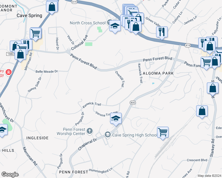 map of restaurants, bars, coffee shops, grocery stores, and more near 3781 Verona Trail in Roanoke
