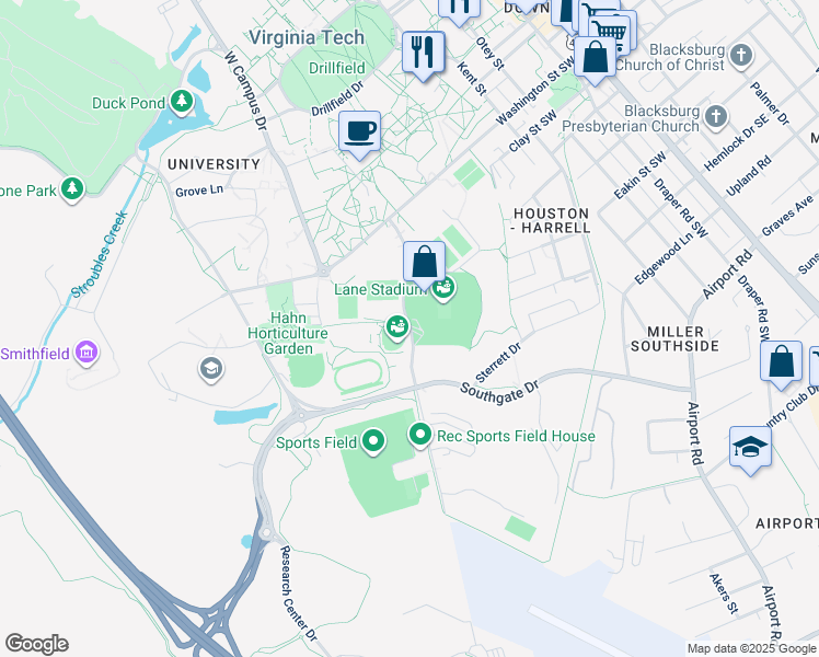 map of restaurants, bars, coffee shops, grocery stores, and more near 240 Beamer Way in Blacksburg