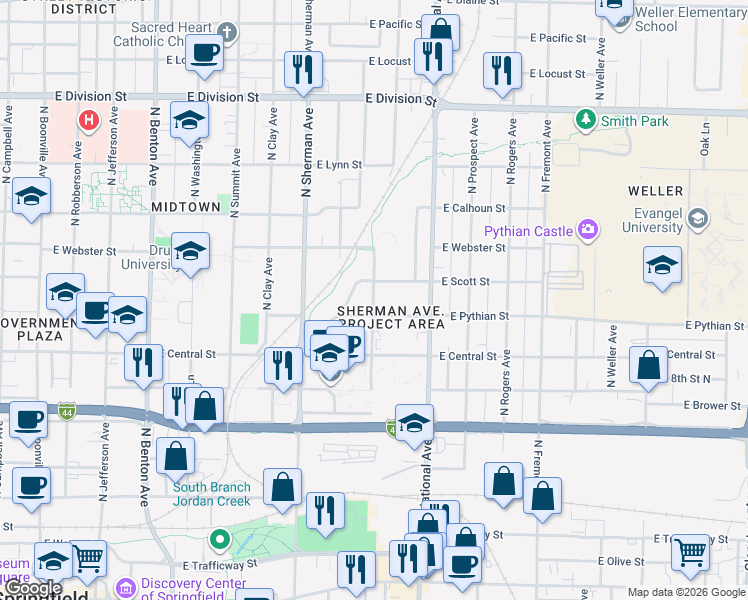 map of restaurants, bars, coffee shops, grocery stores, and more near 1012 North Hampton Avenue in Springfield