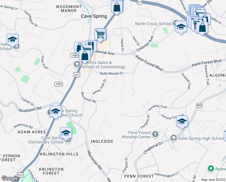 map of restaurants, bars, coffee shops, grocery stores, and more near 5022 Shady Side Drive in Cave Spring