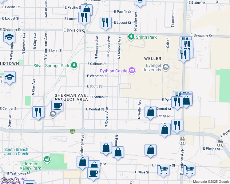 map of restaurants, bars, coffee shops, grocery stores, and more near 1030 North Rogers Avenue in Springfield