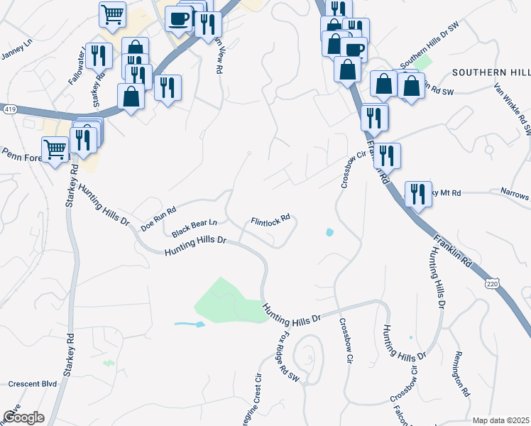 map of restaurants, bars, coffee shops, grocery stores, and more near 5269 Flintlock Rd in Roanoke