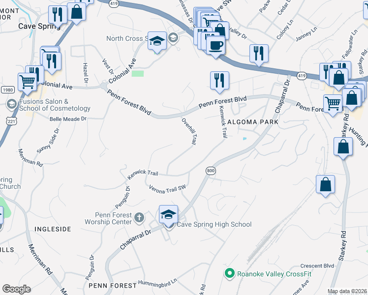 map of restaurants, bars, coffee shops, grocery stores, and more near 3409-3417 Overhill Trail in Cave Spring