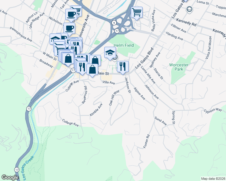 map of restaurants, bars, coffee shops, grocery stores, and more near 148 Cleland Avenue in Los Gatos