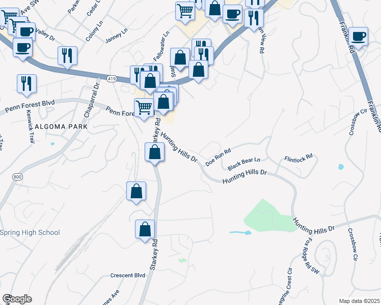 map of restaurants, bars, coffee shops, grocery stores, and more near 5520 Village Drive in Cave Spring