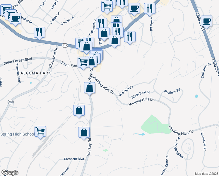 map of restaurants, bars, coffee shops, grocery stores, and more near 5520 Village Drive in Cave Spring