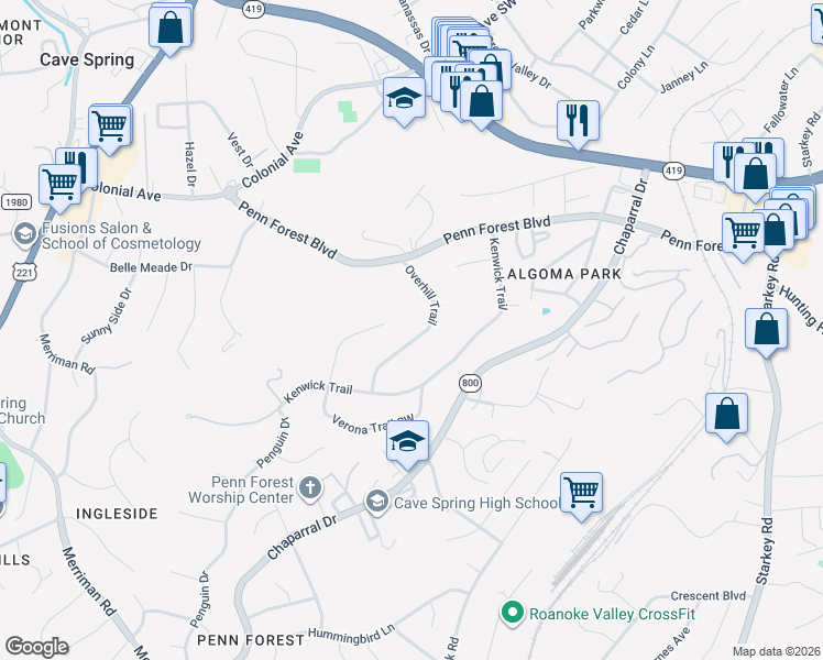 map of restaurants, bars, coffee shops, grocery stores, and more near 3409-3417 Overhill Trail in Cave Spring