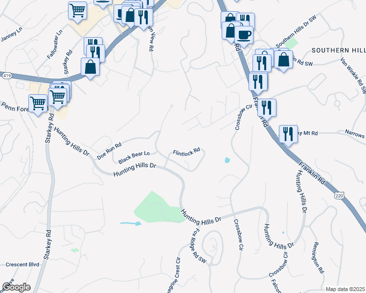 map of restaurants, bars, coffee shops, grocery stores, and more near 5269 Flintlock Rd in Roanoke